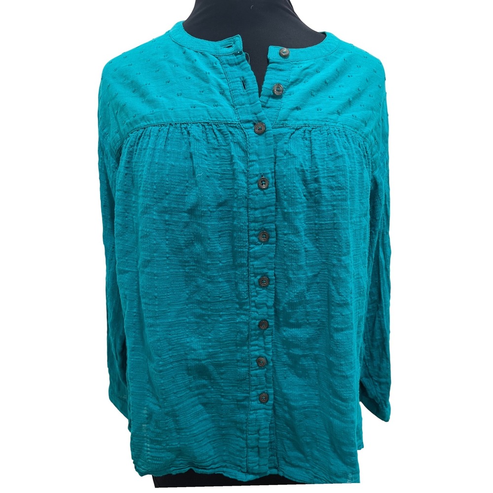 Womens Teal Swiss Dot Button Front Gauze Blouse Long Sleeve Boho Top L